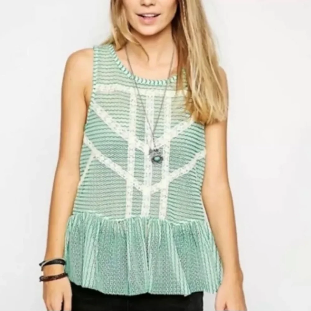Free People Green Lace Crochet Stripe Peplum Top